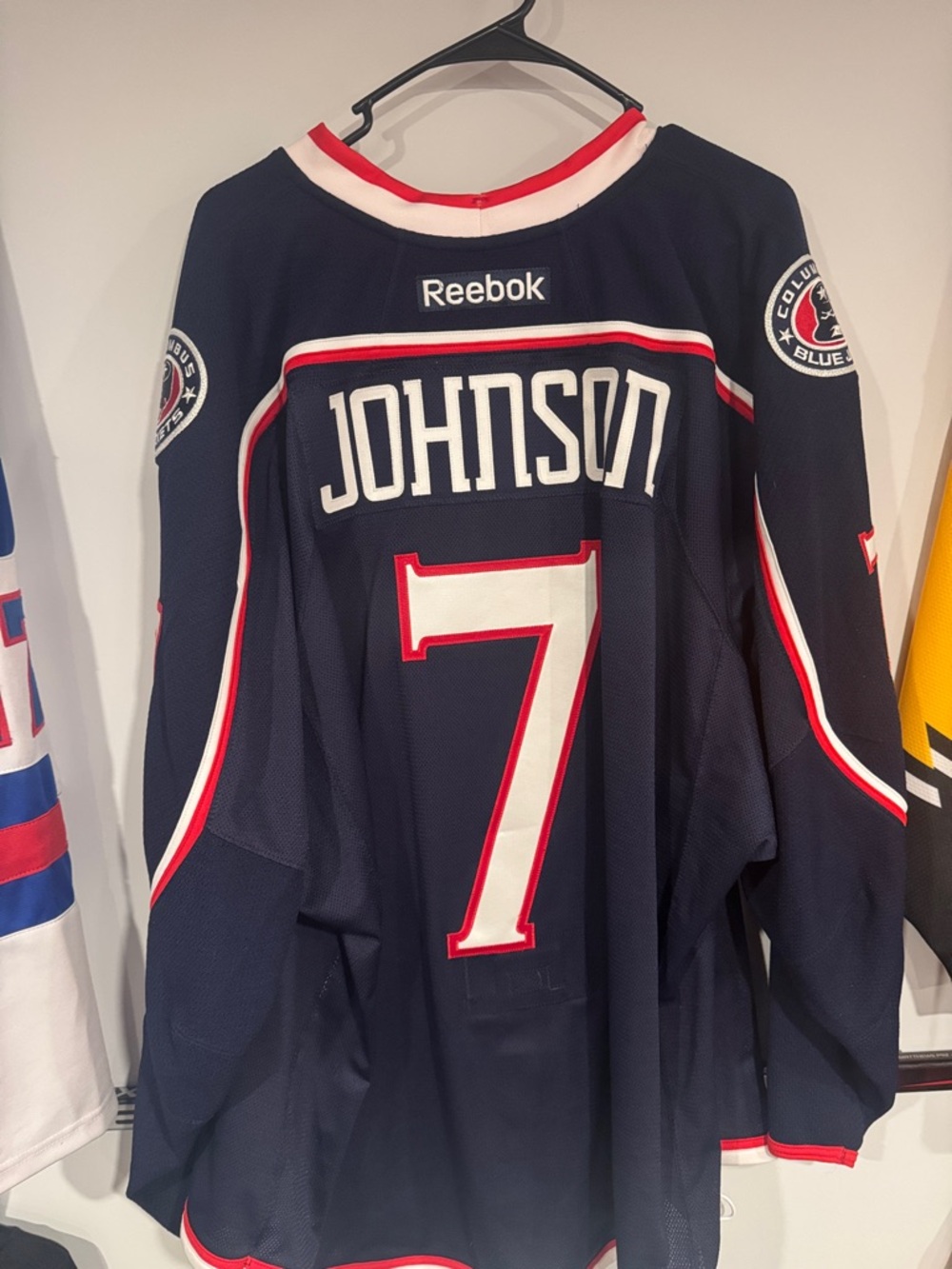 Reebok Navy, White & Red Columbus Hockey Jersey #7 Johnson